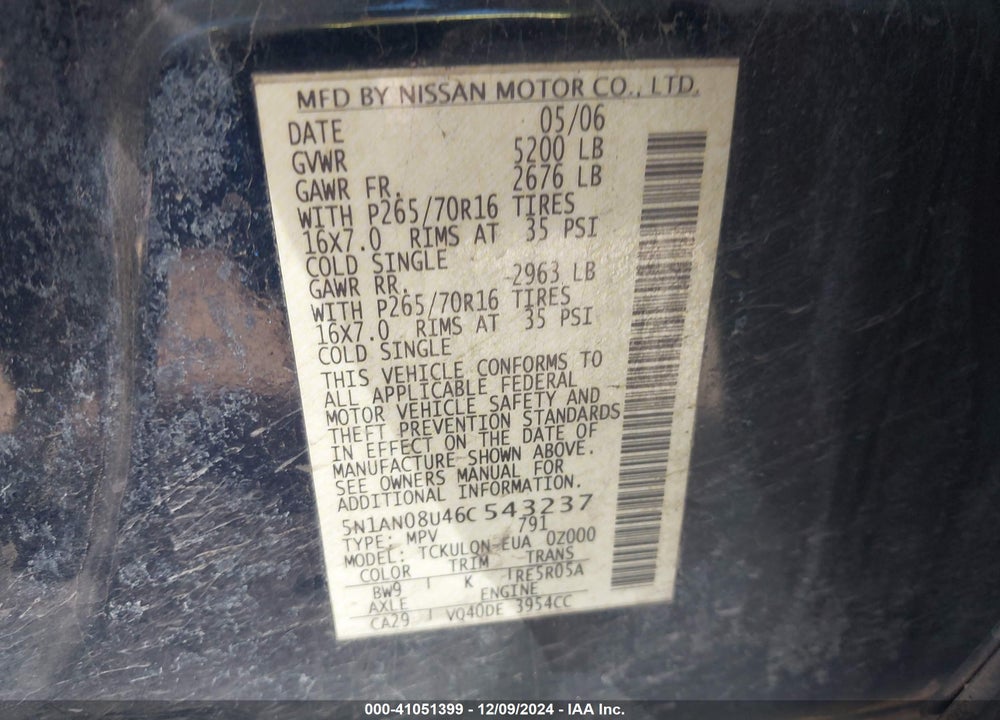 2006 NISSAN XTERRA X VIN: 5N1AN08U46C543237