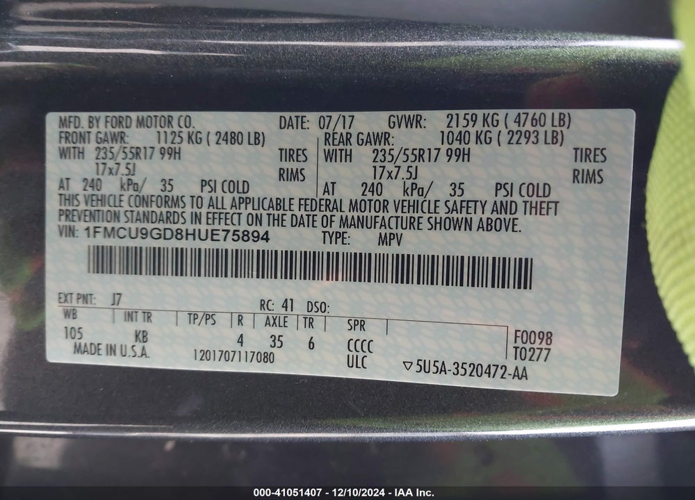 2017 FORD ESCAPE SE VIN: 1FMCU9GD8HUE75894