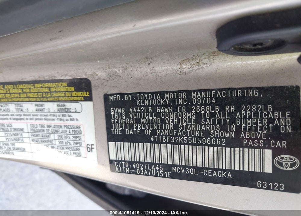 2005 TOYOTA CAMRY XLE V6 VIN: 4T1BF32K55U596662