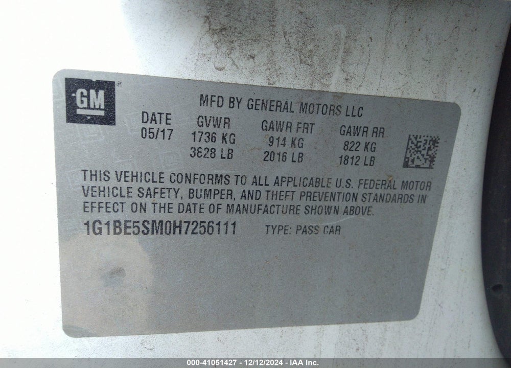 2017 CHEVROLET CRUZE LT AUTO VIN: 1G1BE5SM0H7256111