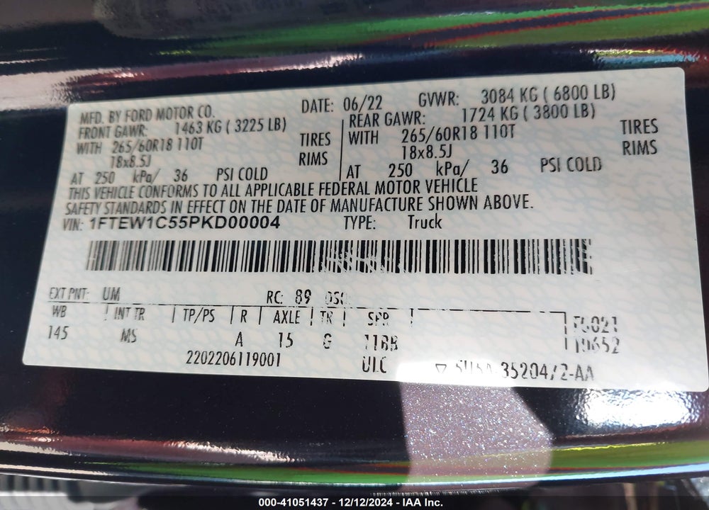 2023 FORD F-150 VIN: 1FTEW1C55PKD00004
