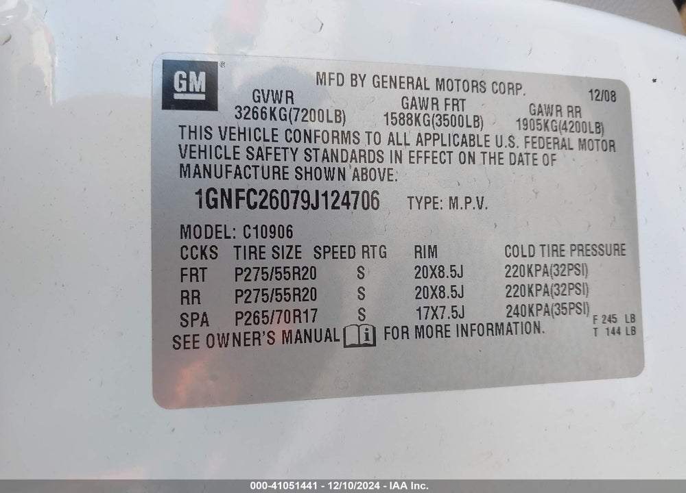 2009 CHEVROLET SUBURBAN 1500 LT2 VIN: 1GNFC26079J124706