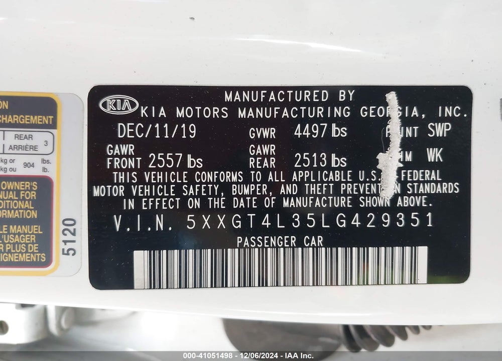 2020 KIA OPTIMA LX VIN: 5XXGT4L35LG429351