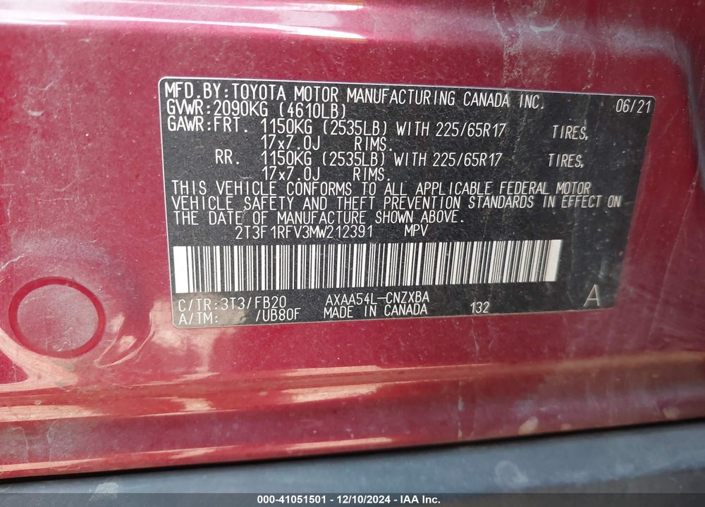 2021 TOYOTA RAV4 LE VIN: 2T3F1RFV3MW212391