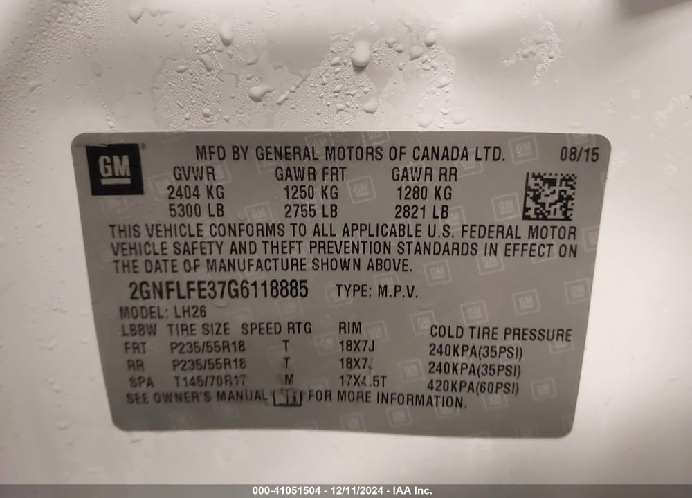 2016 CHEVROLET EQUINOX LT VIN: 2GNFLFE37G6118885