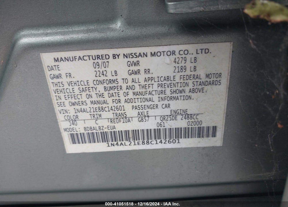 2008 NISSAN ALTIMA 2.5 S VIN: 1N4AL21E88C142601
