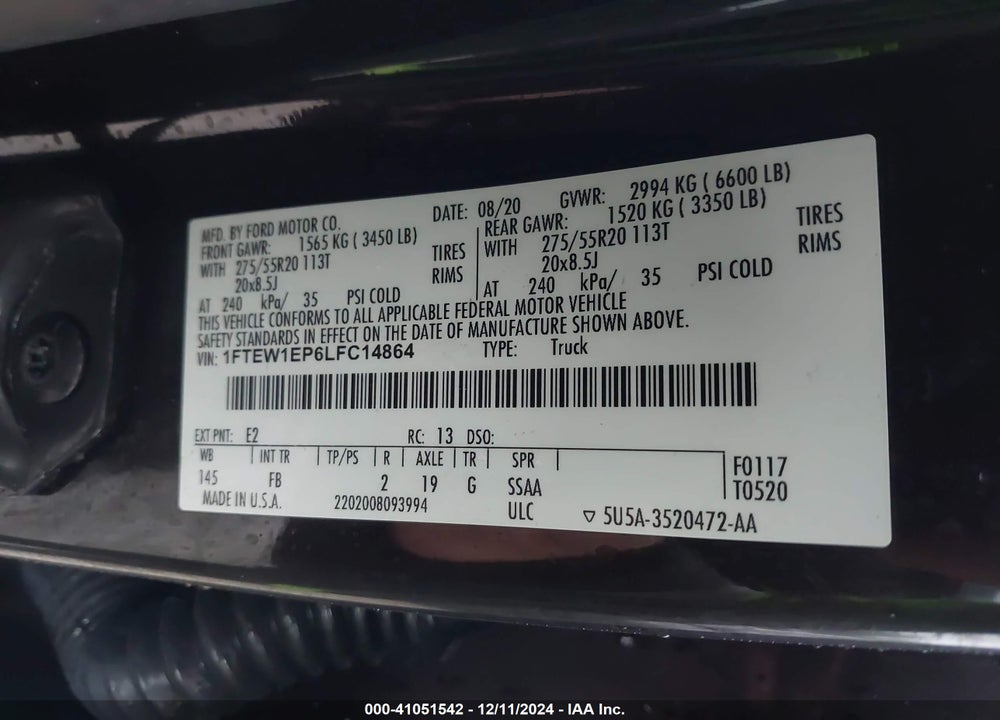 2020 FORD F-150 XLT VIN: 1FTEW1EP6LFC14864