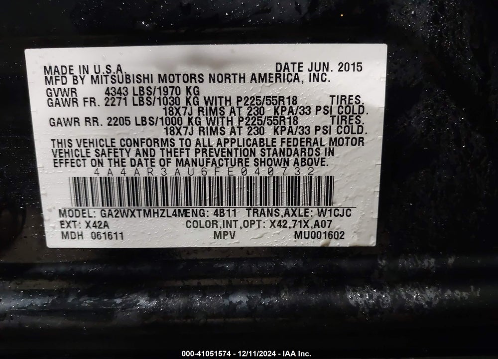 2015 MITSUBISHI OUTLANDER SPORT ES VIN: 4A4AR3AU6FE040732