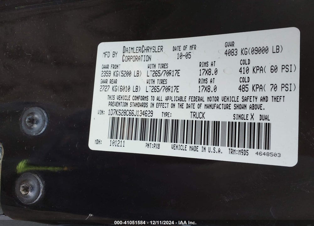 2006 DODGE RAM 2500 SLT/SPORT VIN: 1D7KS28C66J134629