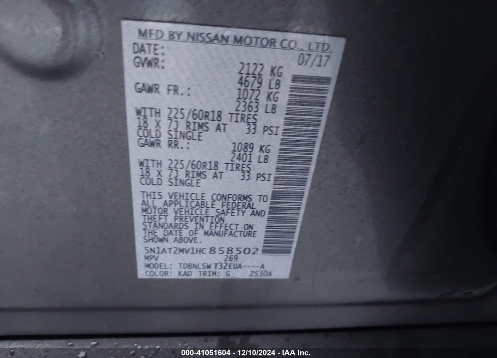 2017 NISSAN ROGUE SL VIN: 5N1AT2MV1HC858502