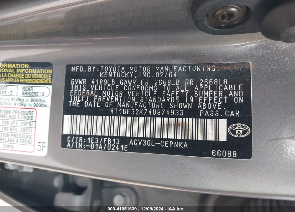 2004 TOYOTA CAMRY LE VIN: 4T1BE32K74U874933