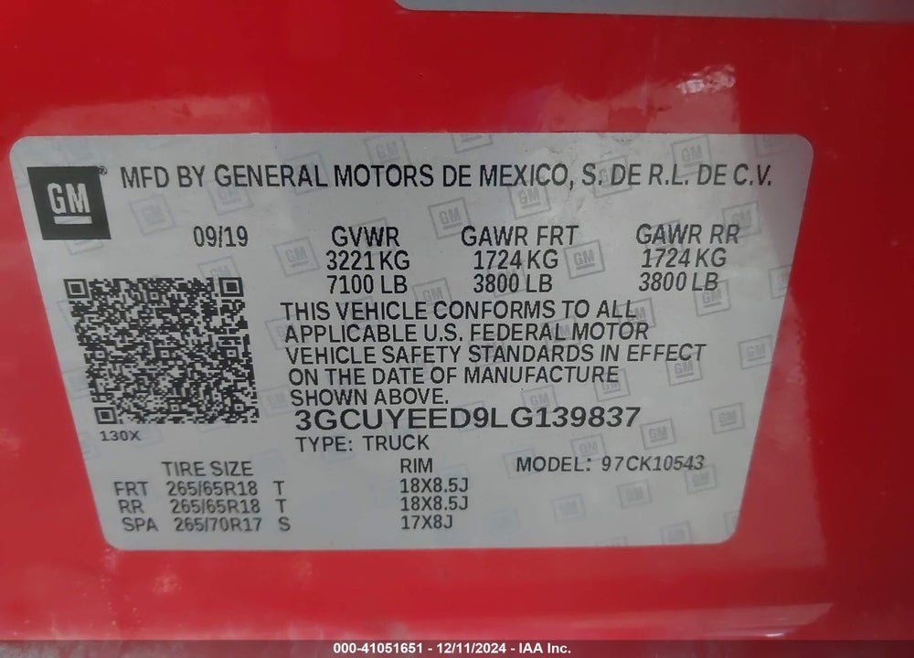 2020 CHEVROLET SILVERADO 1500 4WD SHORT BED RST VIN: 3GCUYEED9LG139837