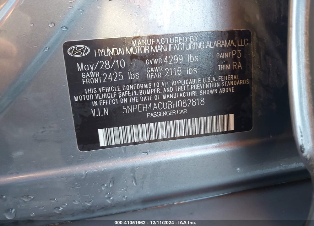 2011 HYUNDAI SONATA GLS VIN: 5NPEB4AC0BH082818