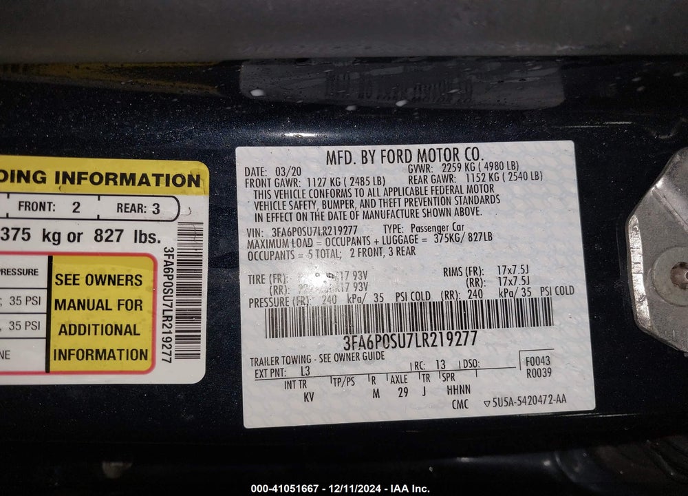 2020 FORD FUSION TITANIUM VIN: 3FA6P0SU7LR219277
