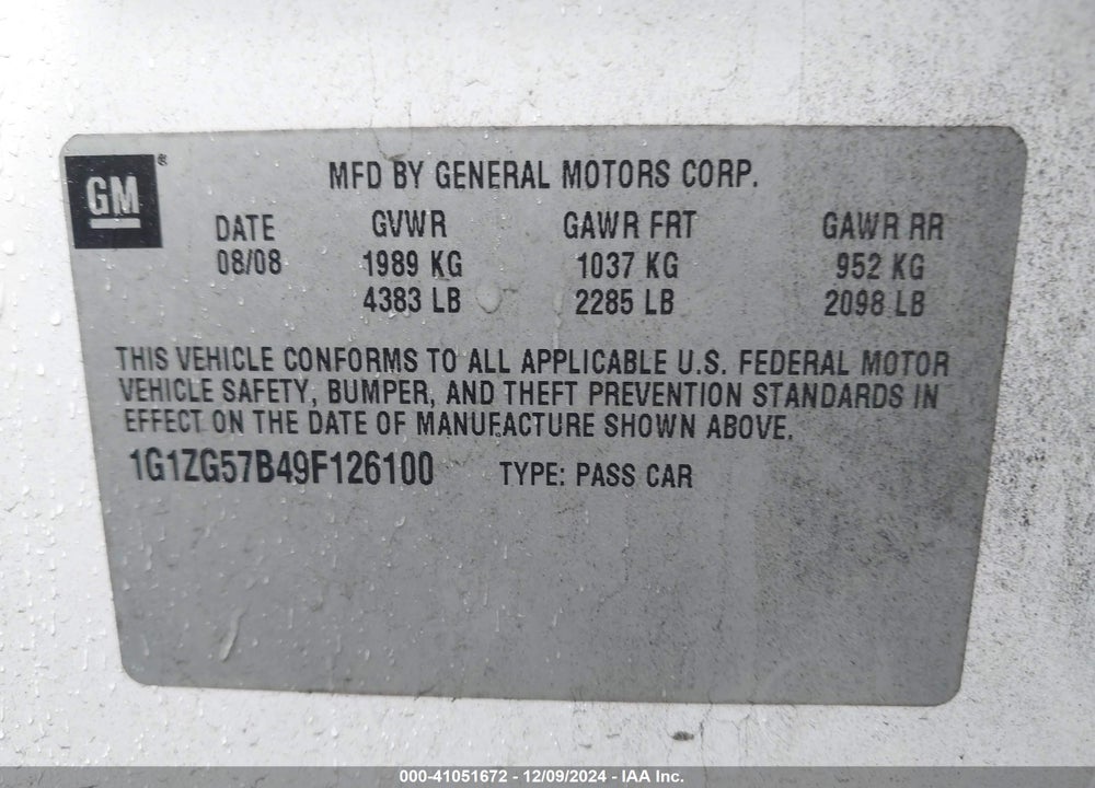 2009 CHEVROLET MALIBU LS VIN: 1G1ZG57B49F126100