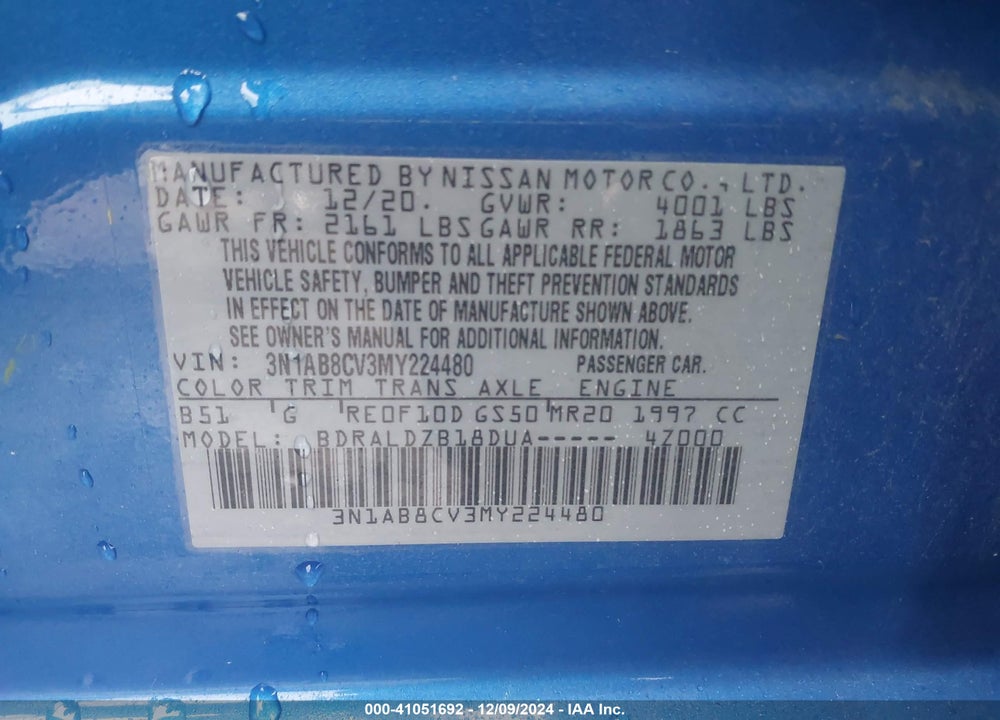 2021 NISSAN SENTRA VIN: 3N1AB8CV3MY224480