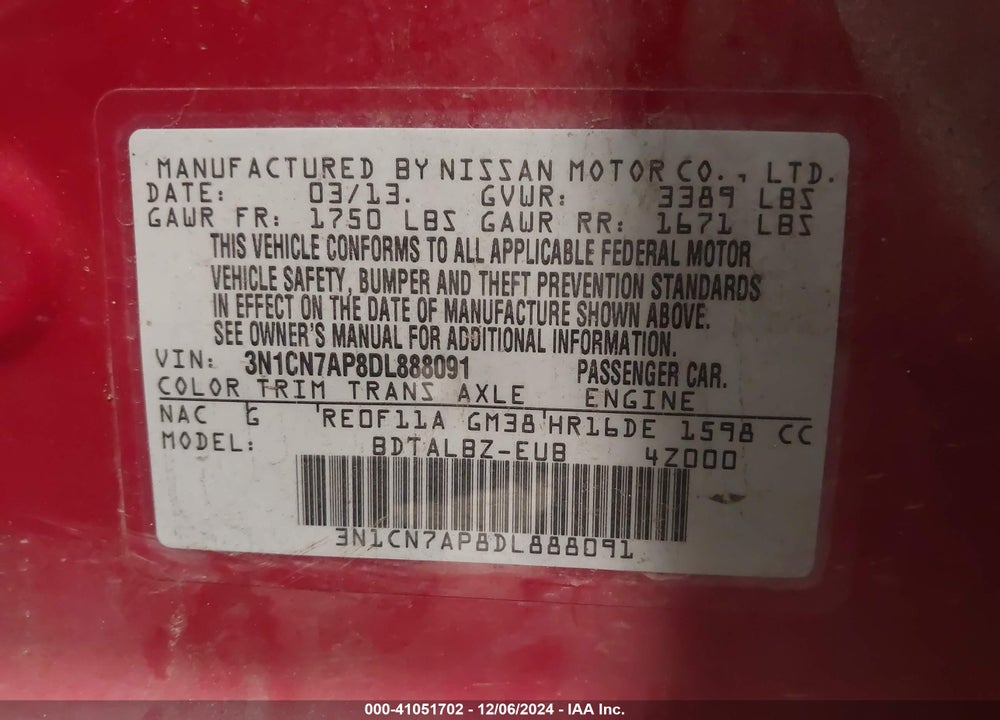 2013 NISSAN VERSA VIN: 3N1CN7AP8DL888091
