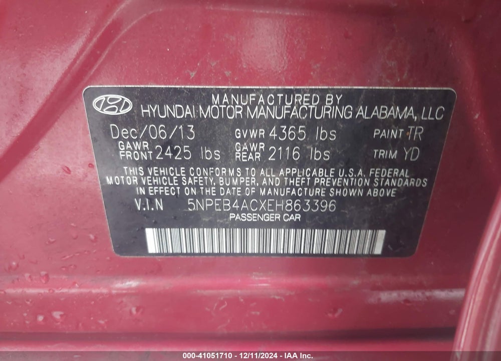 2014 HYUNDAI SONATA GLS VIN: 5NPEB4ACXEH863396