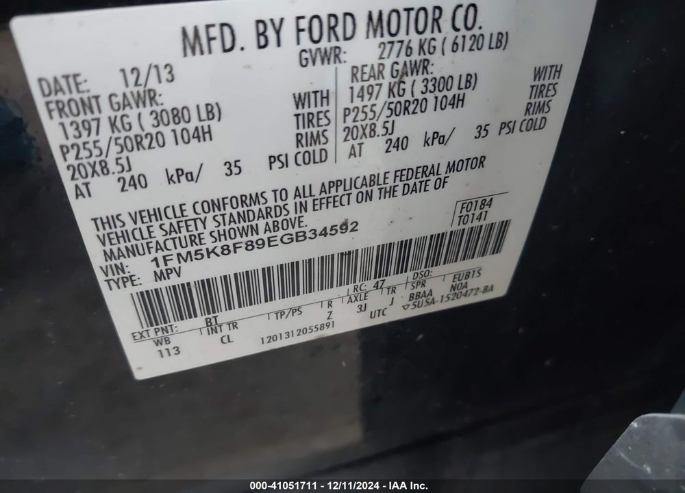 2014 FORD EXPLORER LIMITED VIN: 1FM5K8F89EGB34592