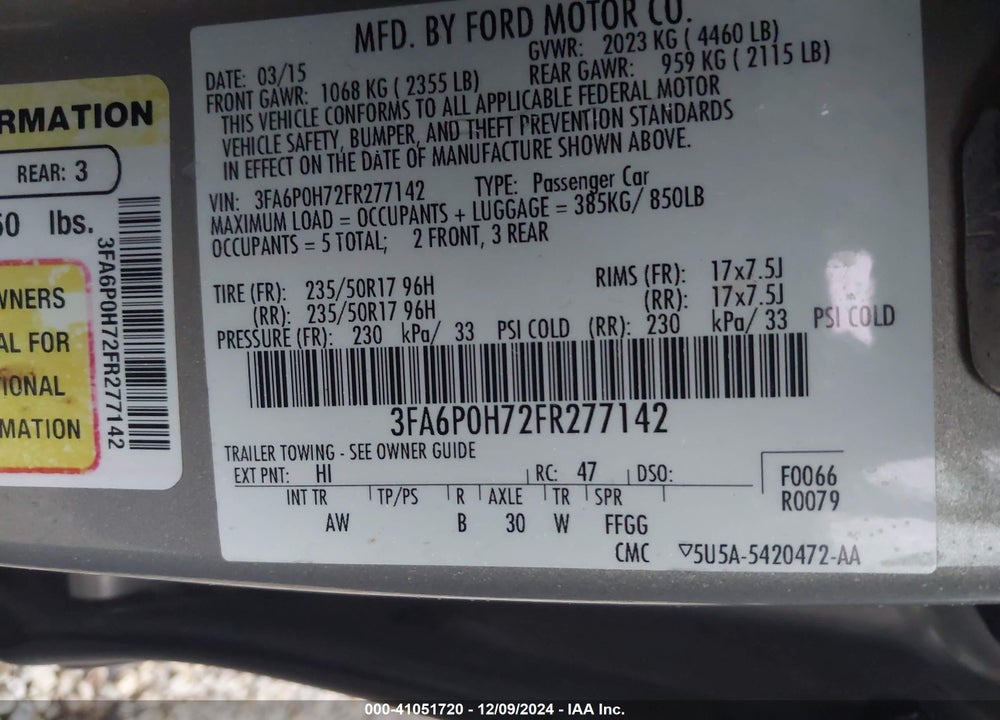 2015 FORD FUSION SE VIN: 3FA6P0H72FR277142