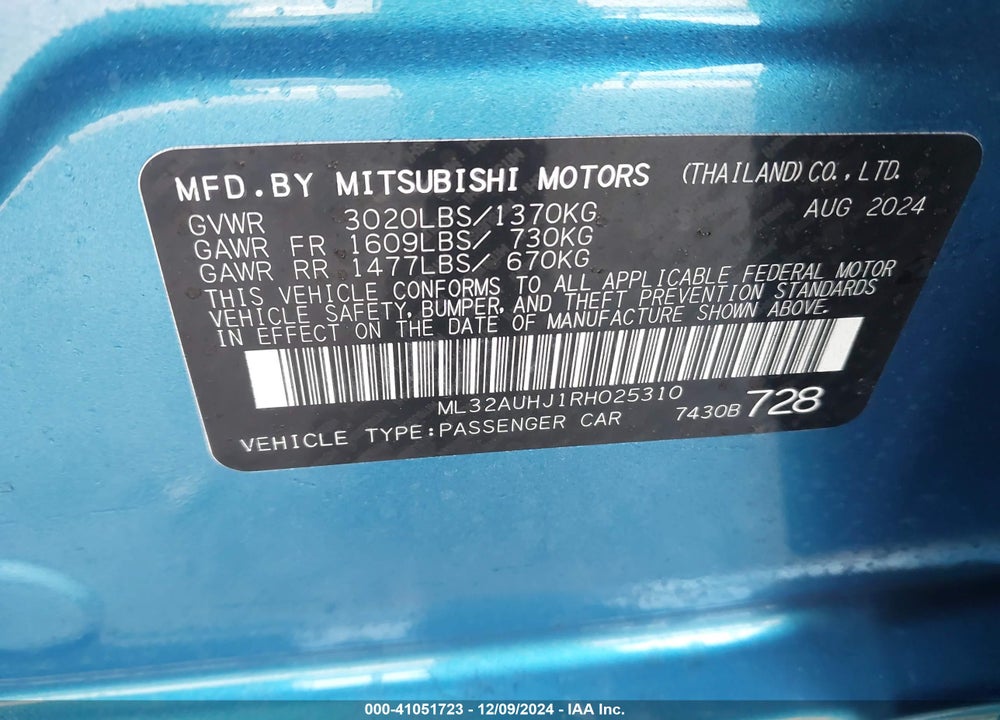 2024 MITSUBISHI MIRAGE ES/LE VIN: ML32AUHJ1RH025310