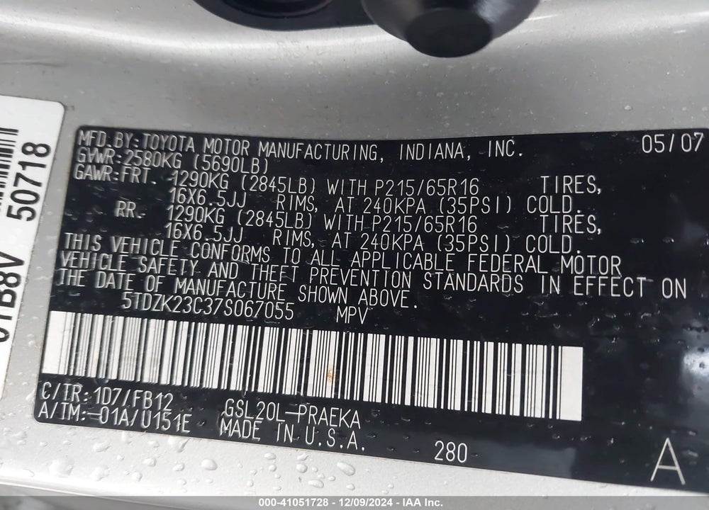2007 TOYOTA SIENNA CE VIN: 5TDZK23C37S067055