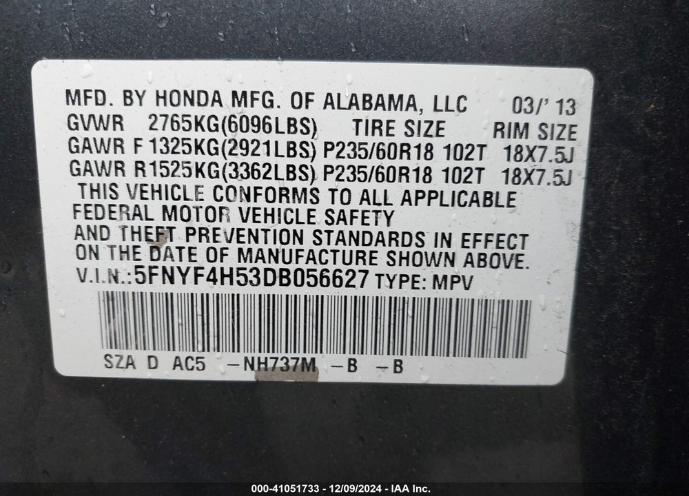 2013 HONDA PILOT EX-L VIN: 5FNYF4H53DB056627