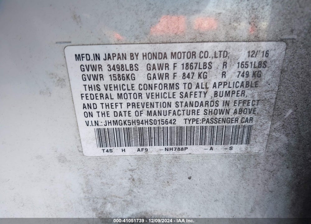 2017 HONDA FIT EX-L VIN: JHMGK5H94HS015642