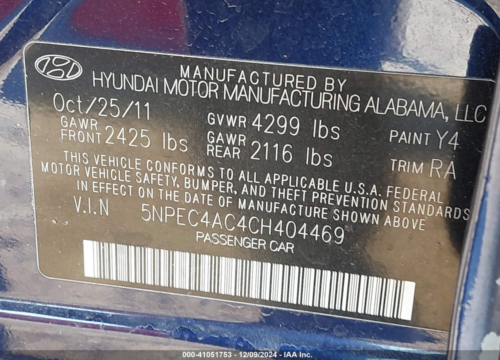 2012 HYUNDAI SONATA SE VIN: 5NPEC4AC4CH404469