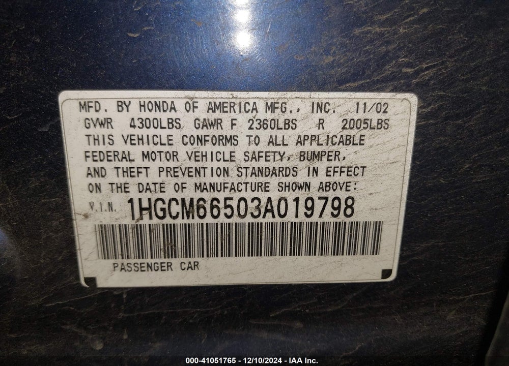 2003 HONDA ACCORD 3.0 EX VIN: 1HGCM66503A019798