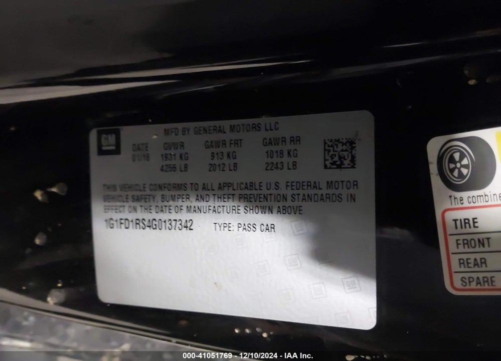 2016 CHEVROLET CAMARO VIN: 1G1FD1RS4G0137342