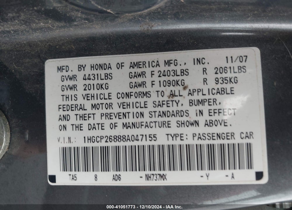 2008 HONDA ACCORD 2.4 EX-L VIN: 1HGCP26888A047155