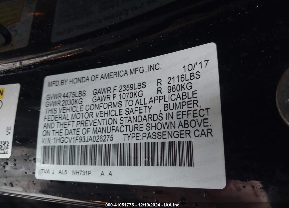 2018 HONDA ACCORD TOURING VIN: 1HGCV1F93JA026275