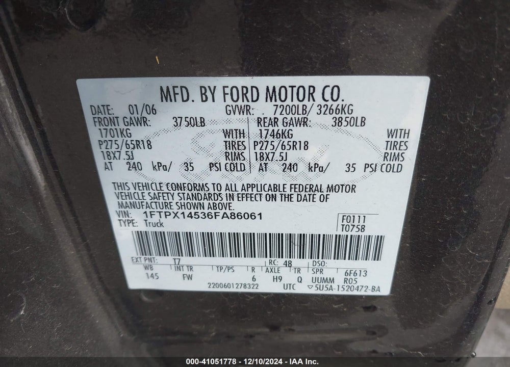 2006 FORD F-150 FX4/LARIAT/XL/XLT VIN: 1FTPX14536FA86061