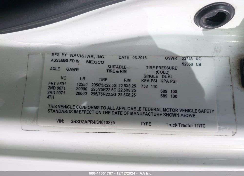2019 INTERNATIONAL LT VIN: 3HSDZAPR4KN610275