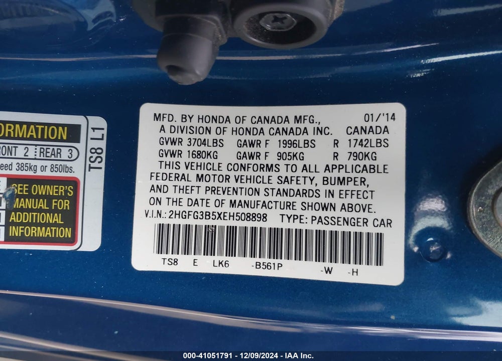 2014 HONDA CIVIC VIN: 2HGFG3B5XEH508898