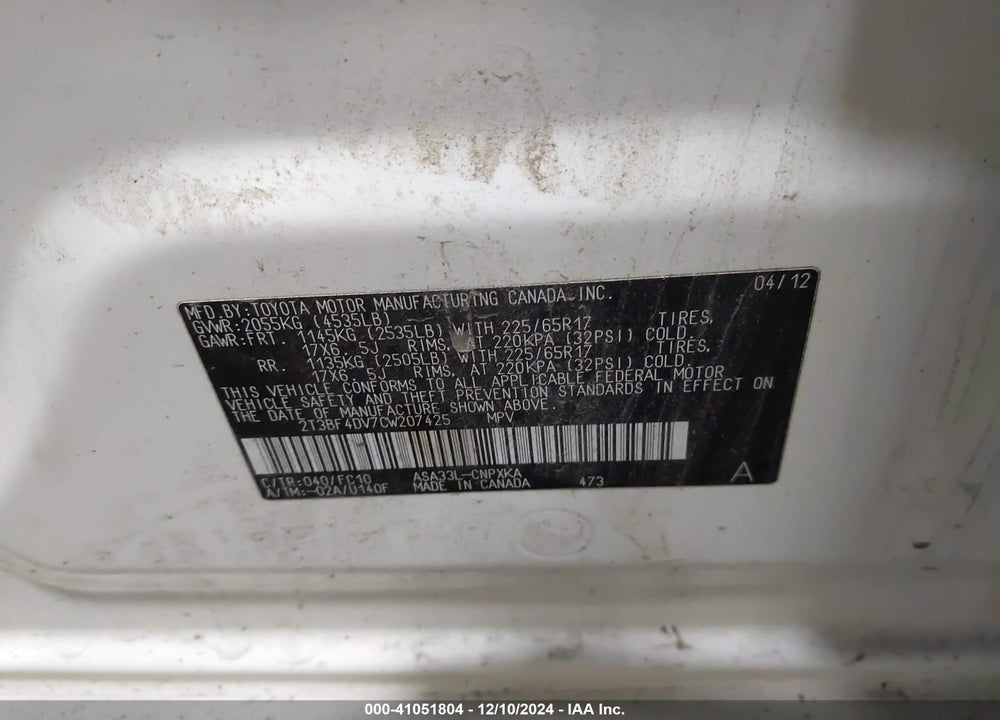 2012 TOYOTA RAV4 VIN: 2T3BF4DV7CW207425