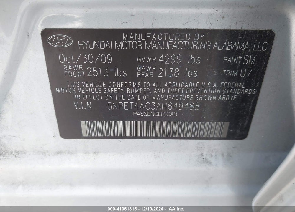 2010 HYUNDAI SONATA VIN: 5NPET4AC3AH649468