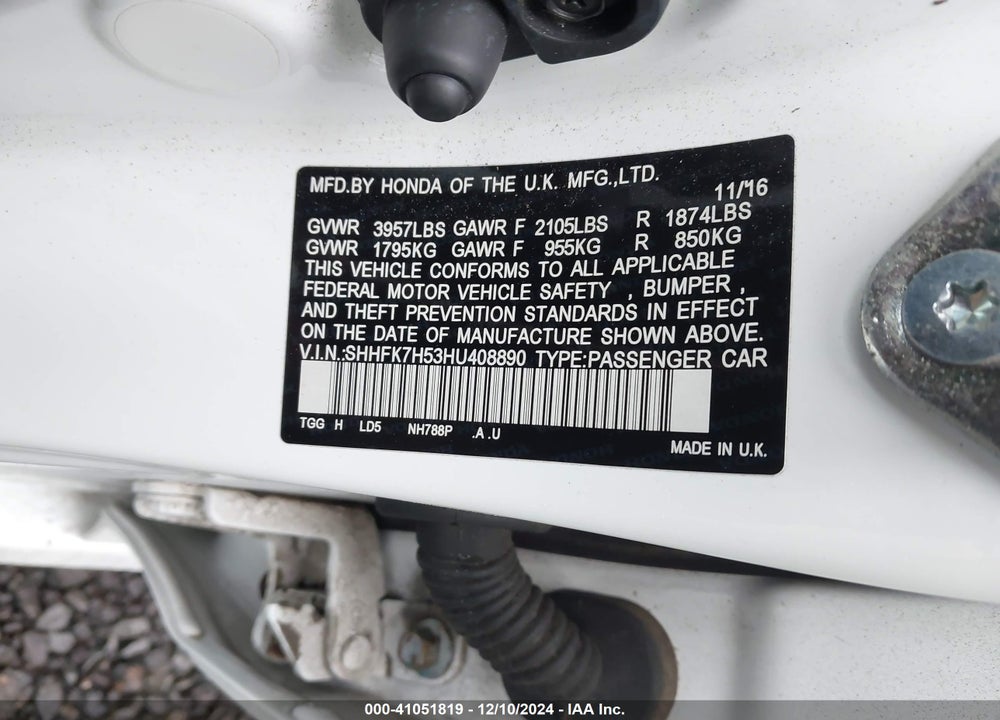 2017 HONDA CIVIC EX VIN: SHHFK7H53HU408890