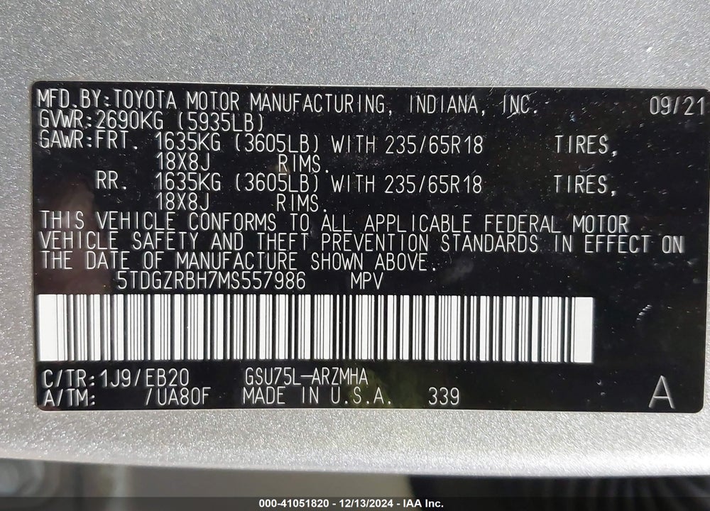 2021 TOYOTA HIGHLANDER XLE VIN: 5TDGZRBH7MS557986