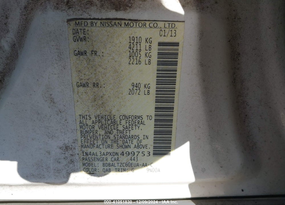 2013 NISSAN ALTIMA VIN: 1N4AL3APXDN499753