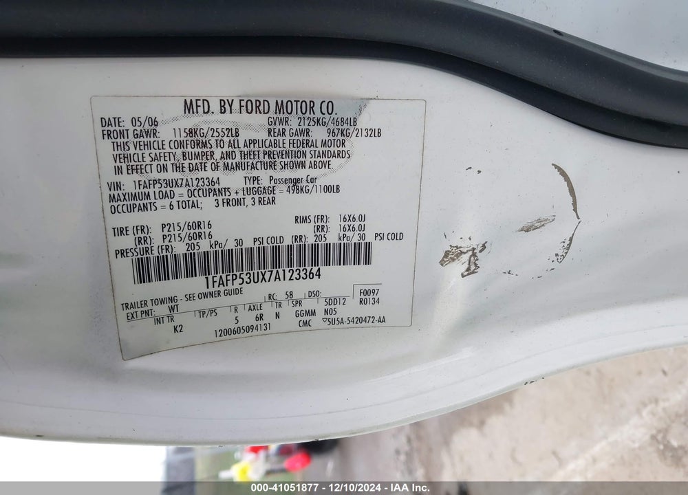 2007 FORD TAURUS SE VIN: 1FAFP53UX7A123364