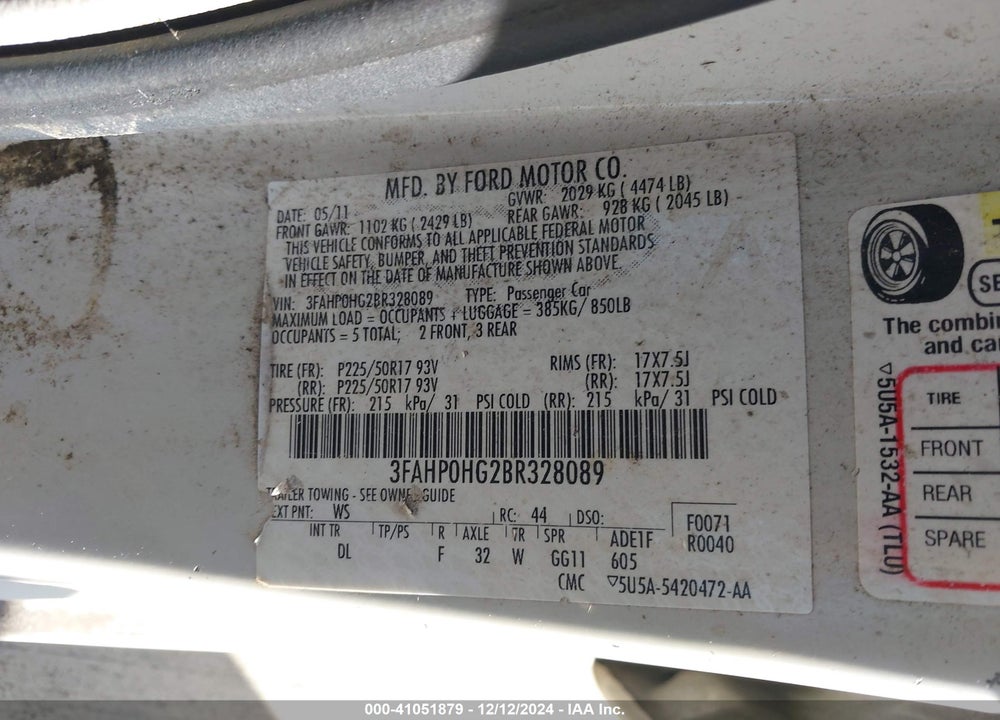 2011 FORD FUSION SE VIN: 3FAHP0HG2BR328089