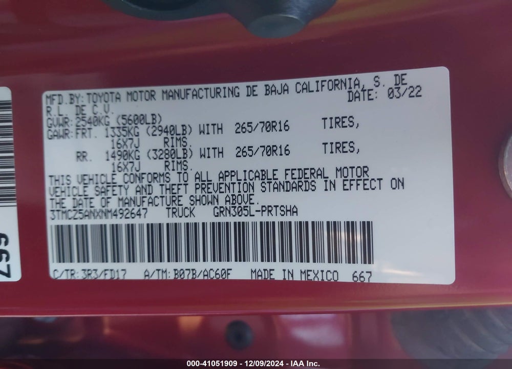 2022 TOYOTA TACOMA TRD OFF ROAD VIN: 3TMCZ5ANXNM492647
