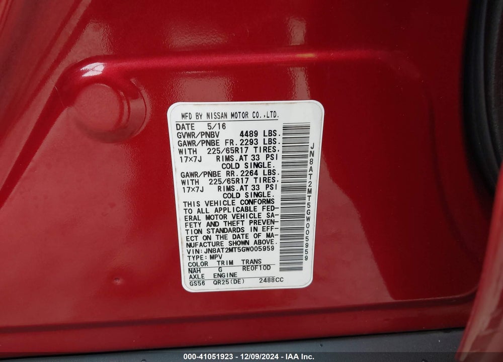 2016 NISSAN ROGUE SV VIN: JN8AT2MT5GW005959