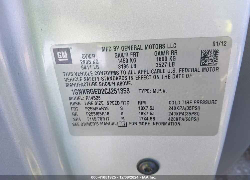 2012 CHEVROLET TRAVERSE VIN: 1GNKRGED2CJ251353