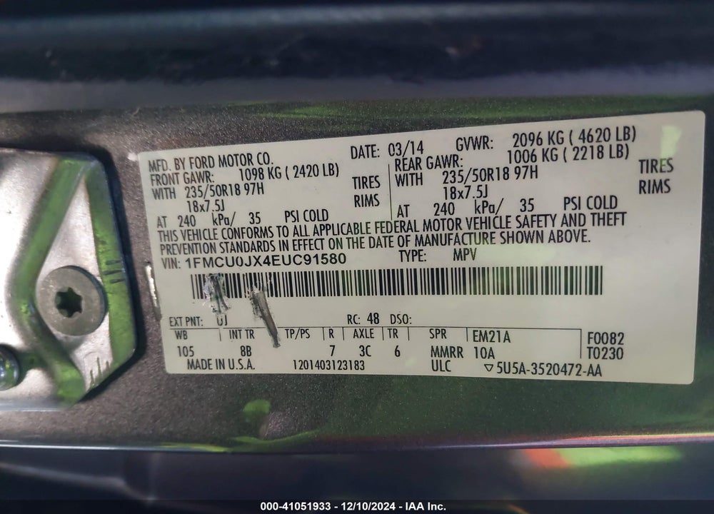 2014 FORD ESCAPE TITANIUM VIN: 1FMCU0JX4EUC91580