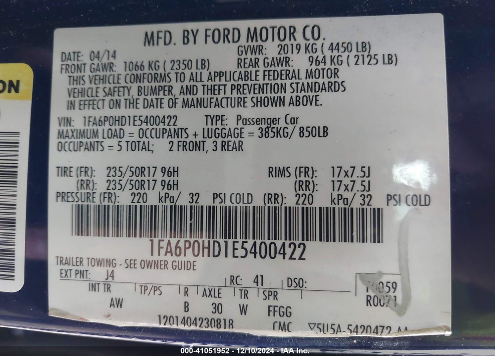 2014 FORD FUSION SE VIN: 1FA6P0HD1E5400422
