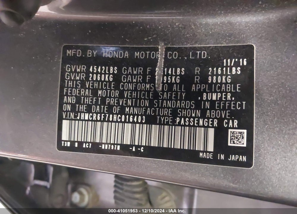 2017 HONDA ACCORD HYBRID TOURING VIN: JHMCR6F78HC016403