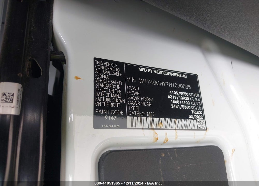 2022 MERCEDES-BENZ SPRINTER 2500 HIGH ROOF I4 VIN: W1Y40CHY7NT090035